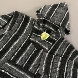 Iguana Jack Hoodie Mens MD Black Gray Baja Mexican Poncho Pullover Striped